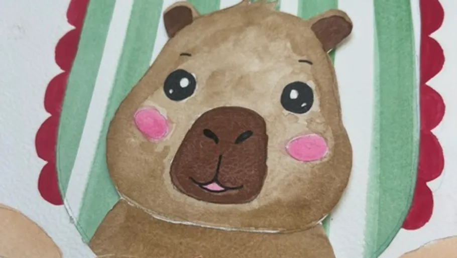 Cute cartoon animal with pink cheeks, striped background.