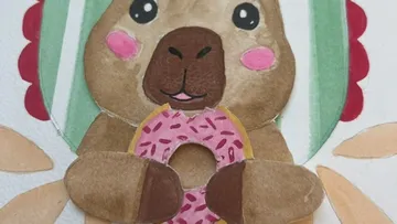 Cartoon bear holding a donut, pastel colors.