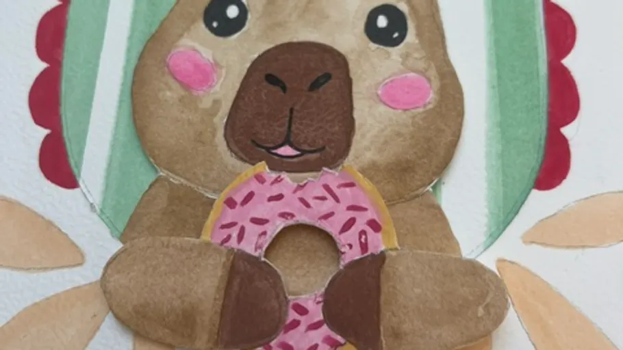 Cartoon bear holding a donut, pastel colors.