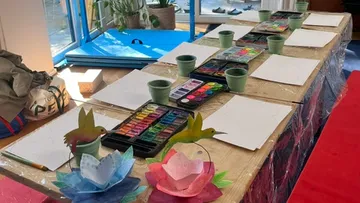 Watercolor paint sets on a table for art class.