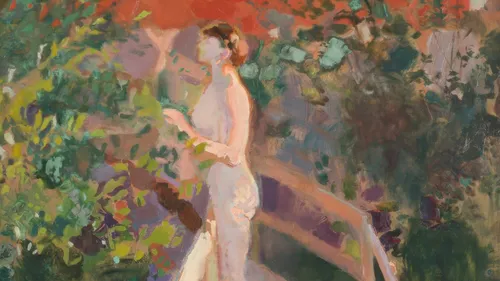Impressionist painting of a nude woman in garden.