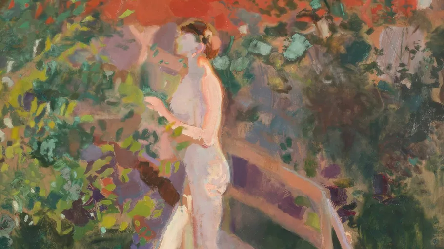 Impressionist painting of a nude woman in garden.