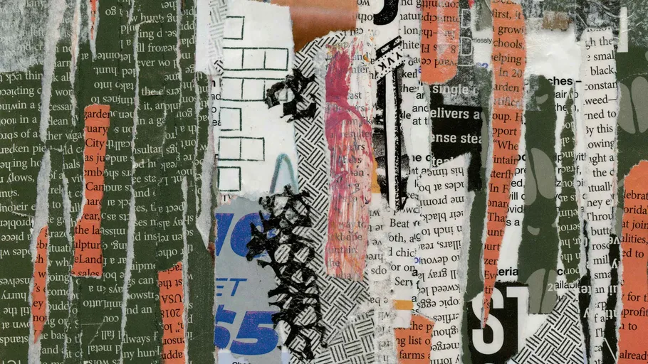 Texturierte Collage mit Zeitungsausschnitten, abstrakten Designs.