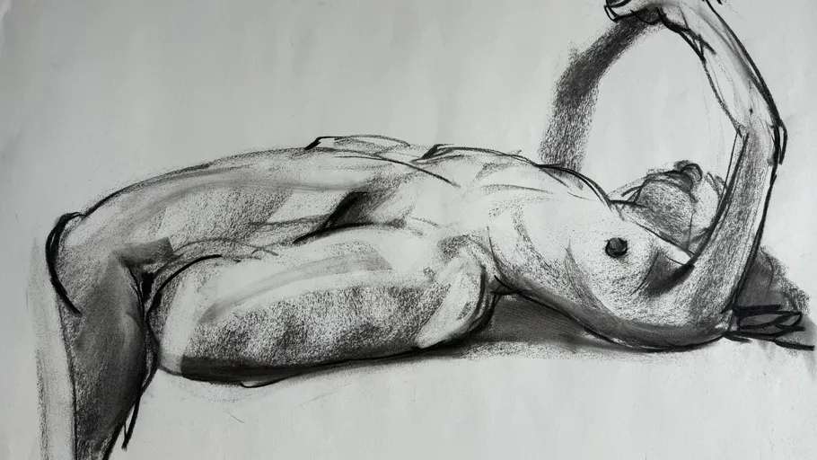 Kohlezeichnung einer liegenden nackten Figur.