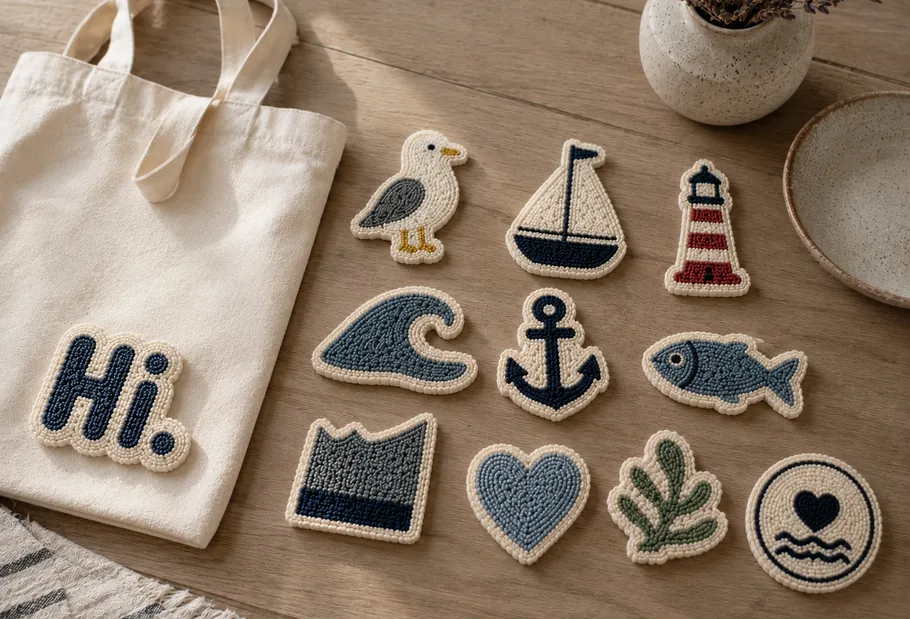 Fabric patches and bag on wooden surface.
