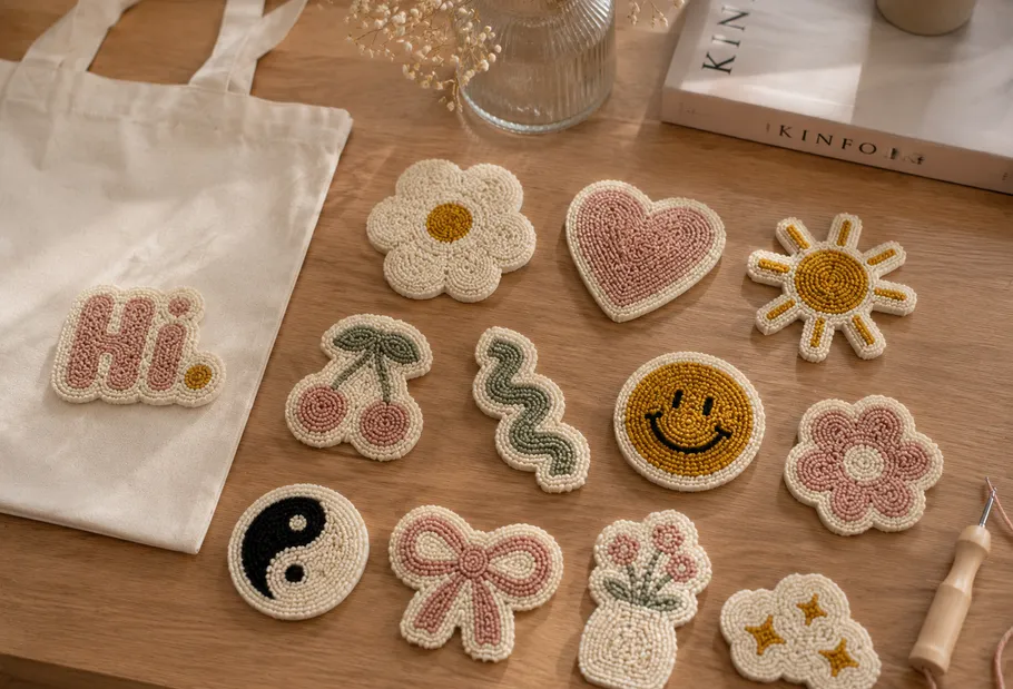 Embroidered patches on wooden table and fabric bag.