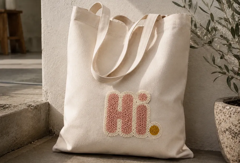 Leinwandtasche mit 'Hi.' Text, drinnen.