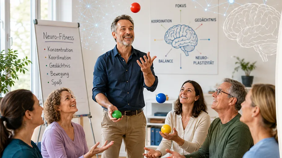 Man juggling colorful balls, group watching, classroom setting.