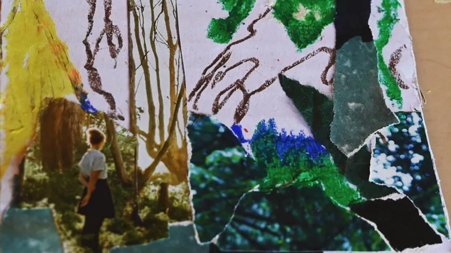 Collage with trees, figure, and nature elements.