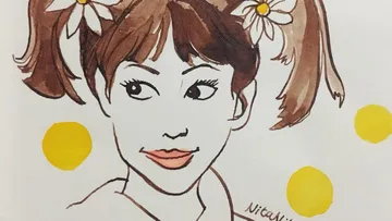 Lächelndes Mädchen mit Blume im Haar, gelbe Punkte.