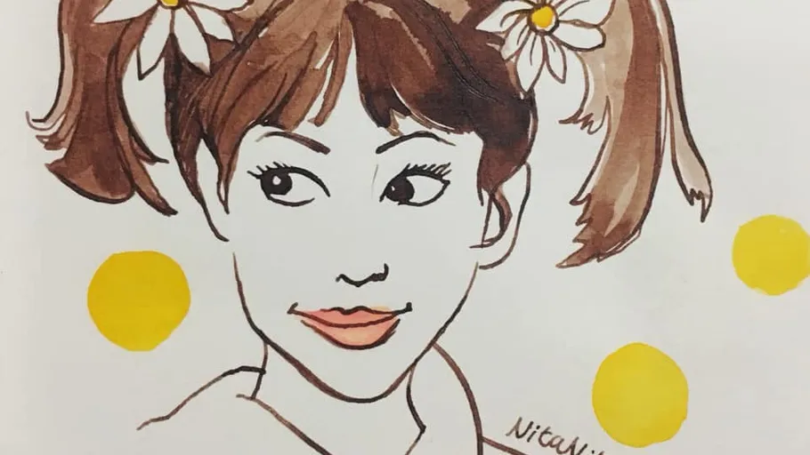 Lächelndes Mädchen mit Blume im Haar, gelbe Punkte.