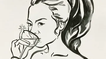 Woman drinking from a martini glass, drawn in ink.