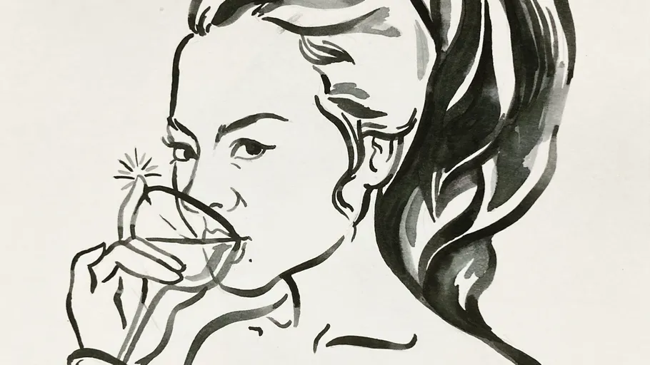 Woman drinking from a martini glass, drawn in ink.