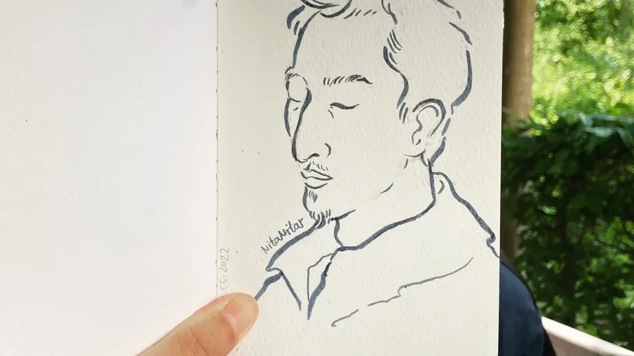 Hand-drawn portrait of man, leafy background.