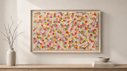Bunte Hexagon-Collage-Kunstwerk an der Wand gezeigt.