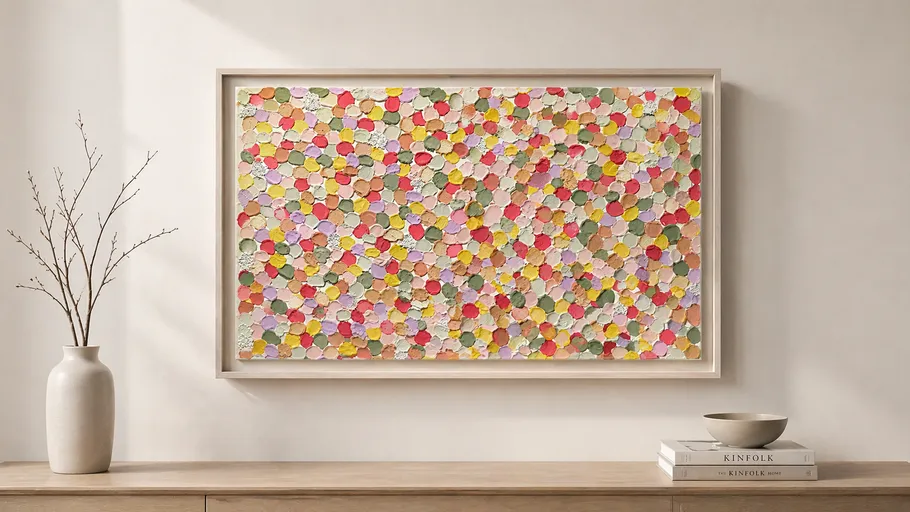 Colorful hexagon collage artwork on wall display.