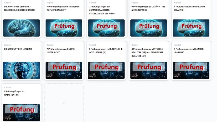 Kursmodule mit Gehirn- und Prüfungsbildern.