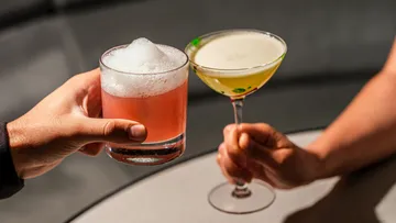 Two people clinking cocktail glasses together.