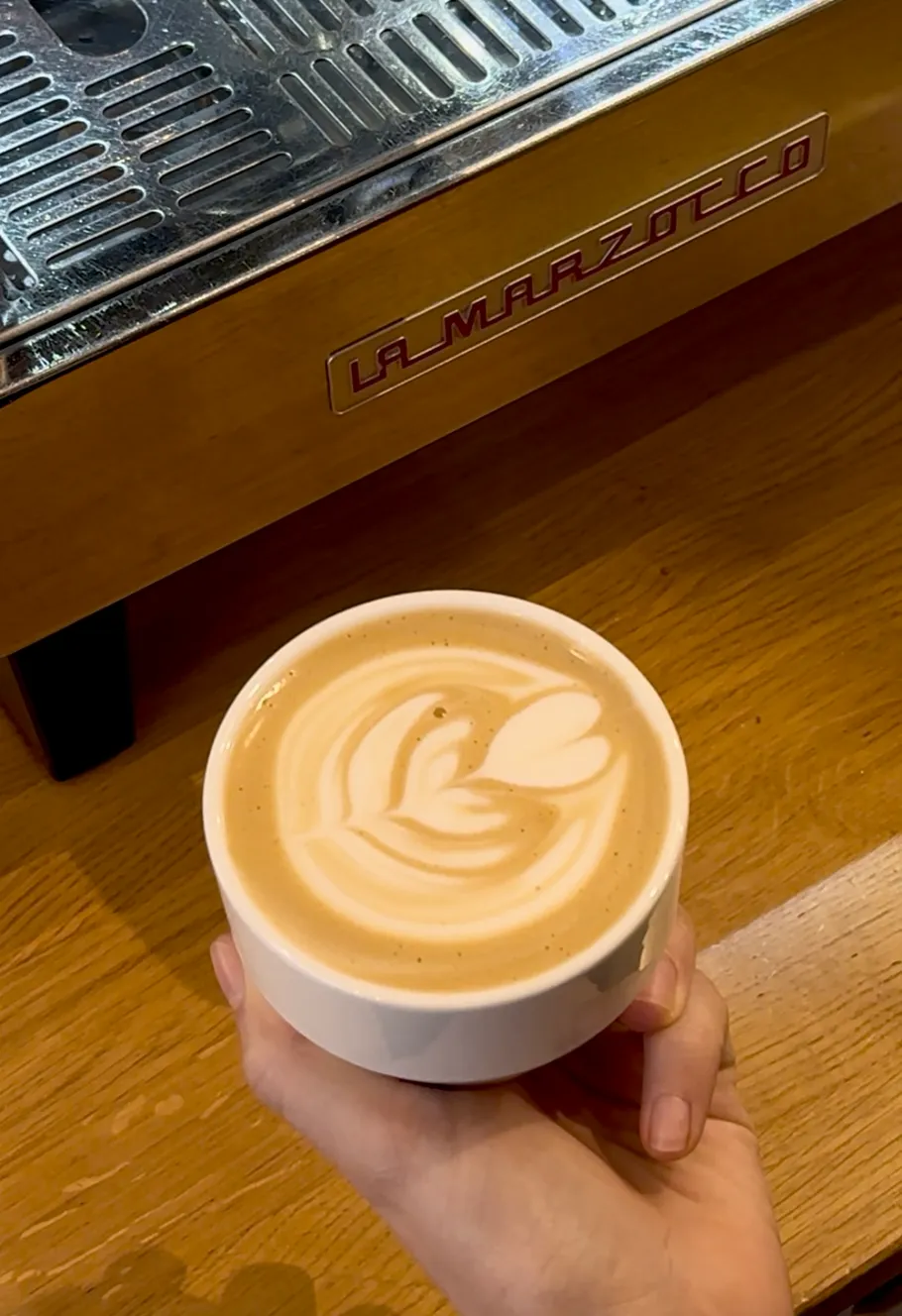 Latte-Kunst in weißer Tasse, Hand hält.