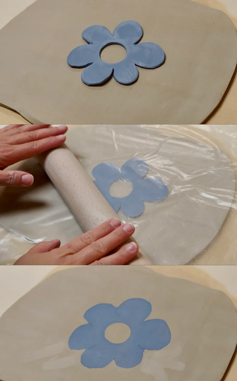Blue flower pattern rolled into clay surface.