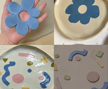 Vier Keramikdesigns mit bunten Mustern.