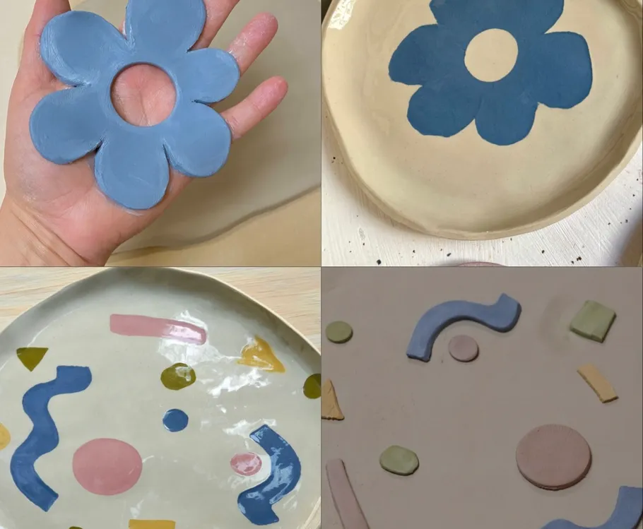 Vier Keramikdesigns mit bunten Mustern.