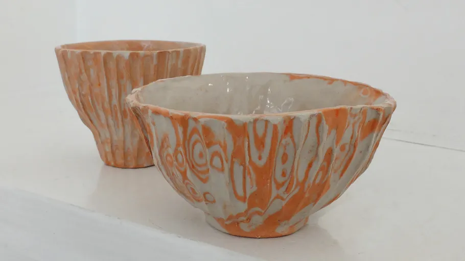 Two orange and white ceramic bowls displayed.