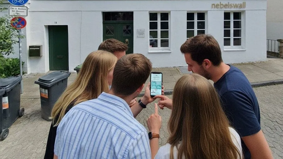Group of people looks at phone outside building.