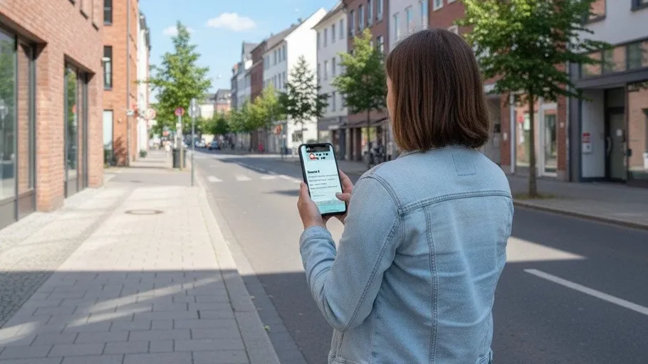 Person nutzt Smartphone auf einer Stadtstraße.