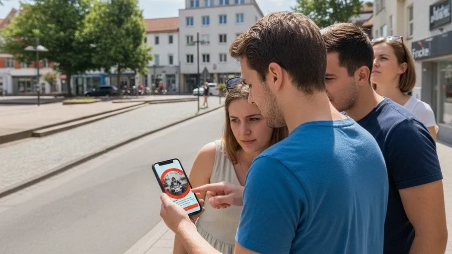 People looking at phone screen outside.