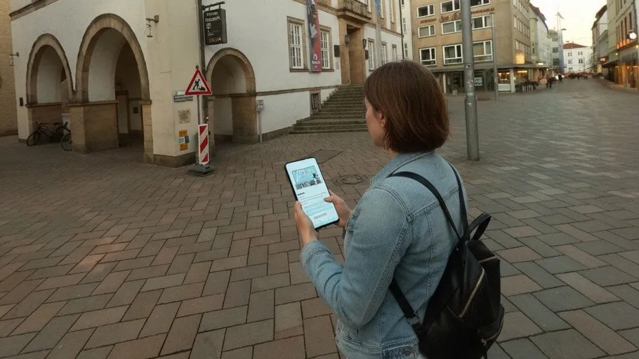 Person nutzt Tablet auf Stadtstraße.