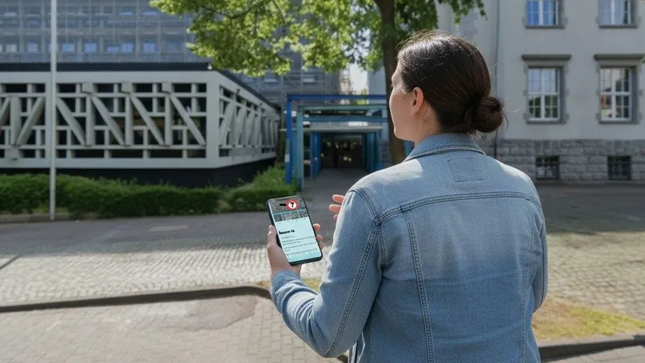 Person nutzt Smartphone im Freien bei Gebäuden.