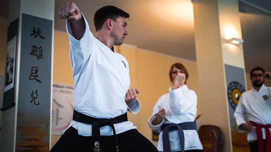 Martial artists practicing punches in dojo.