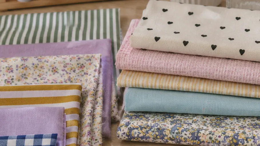 Patterned fabric pieces arranged on wooden surface.