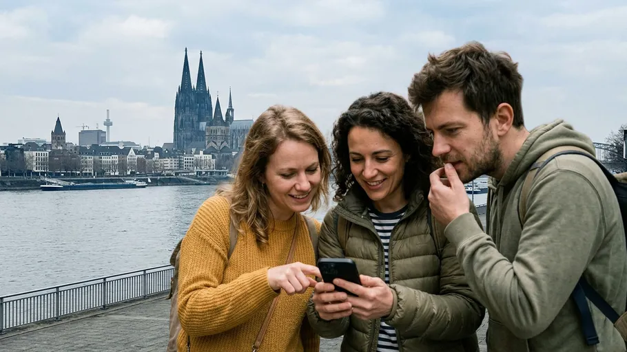 Drei Personen schauen am Fluss auf ein Handy.