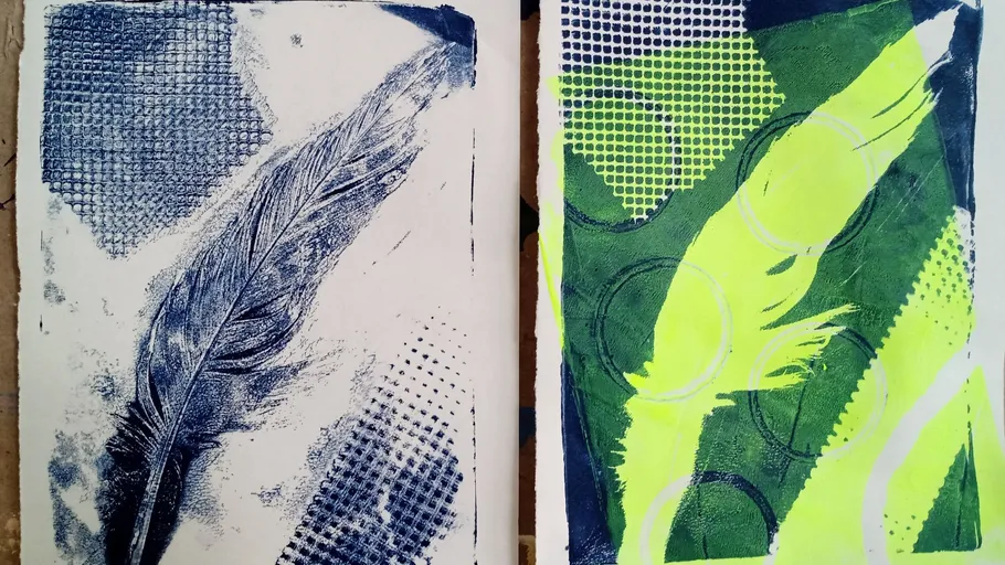 Two abstract feather prints with textured backgrounds.