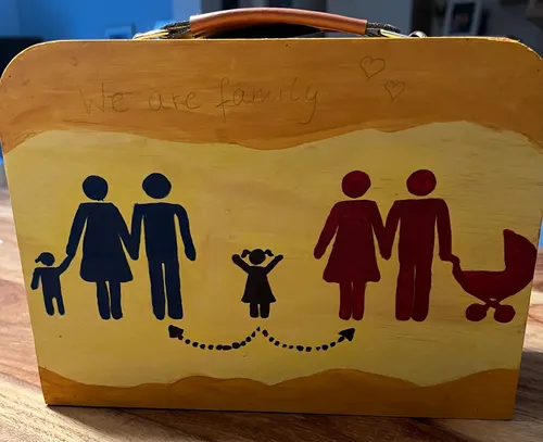 Wooden suitcase with family silhouettes, text visible.
