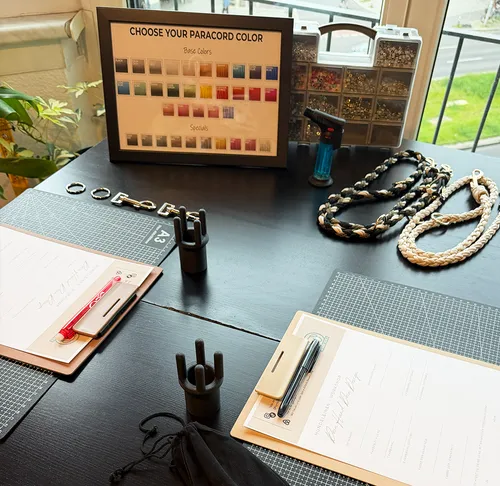 Craft table with paracord color chart.