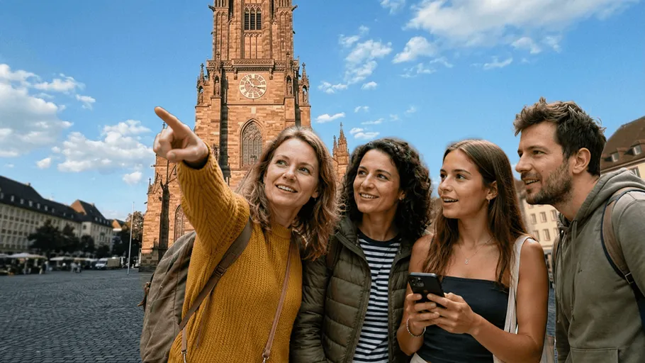 Group of four tourists by a cathedral.