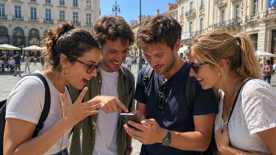 Vier Freunde schauen begeistert auf ein Smartphone im Freien.