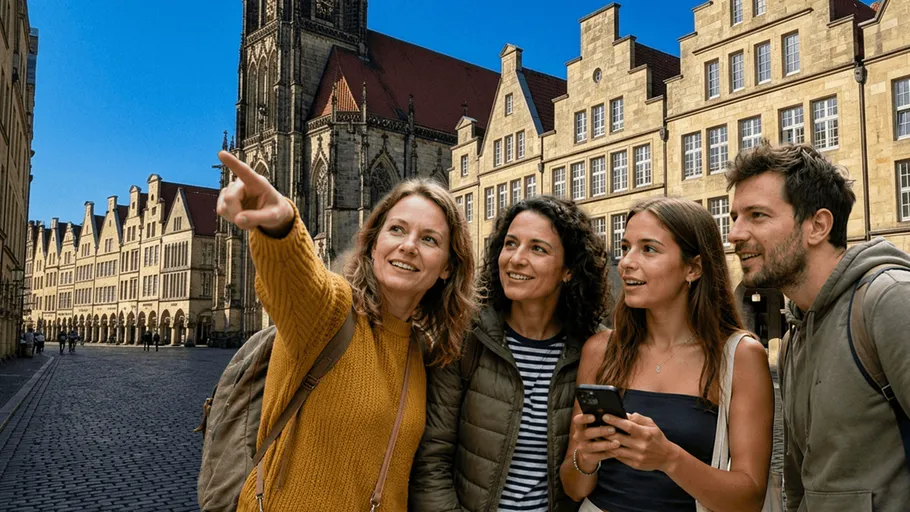 Four people sightseeing in a historic city square.