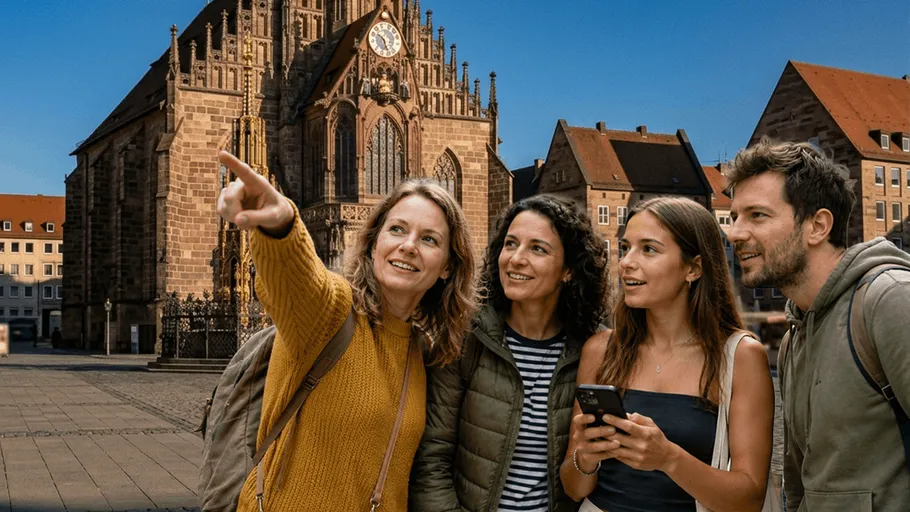 Four people sightseeing in front of a cathedral.