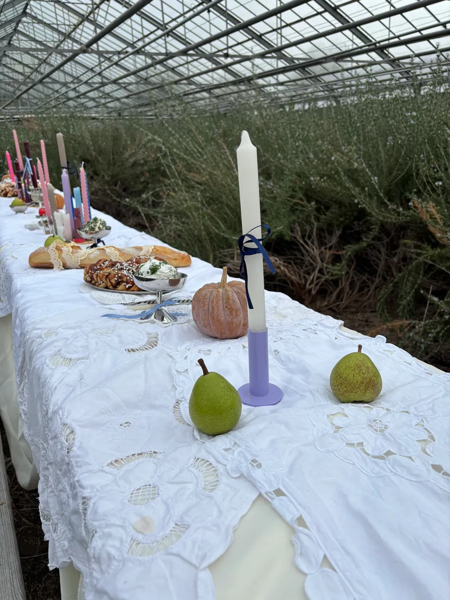 Long table with candles in a greenhouse.