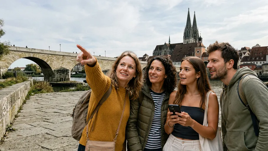 Four tourists sightseeing by historic bridge.