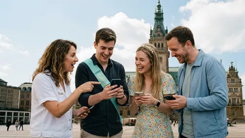 Vier Personen lachen mit Handys auf Stadtplatz.