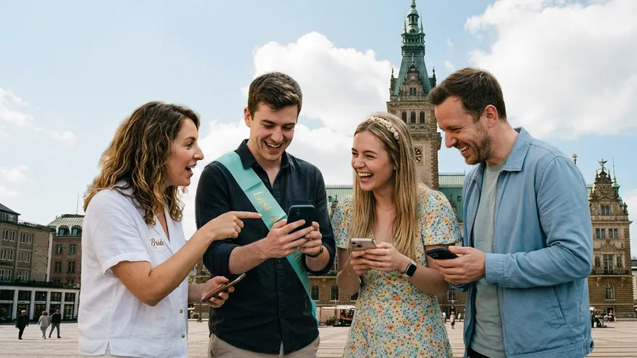 Vier Personen lachen mit Handys auf Stadtplatz.
