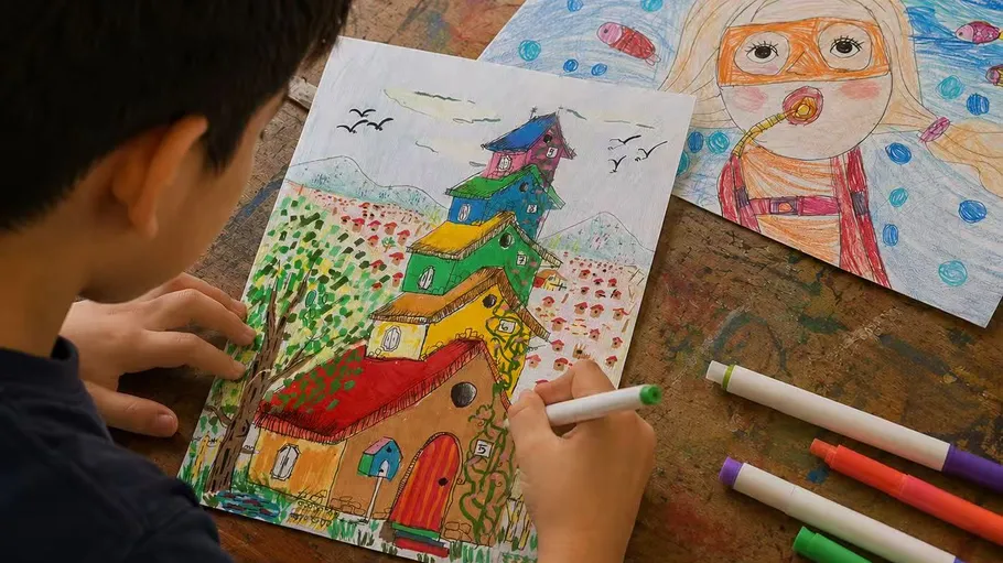 Child coloring a drawing of a colorful house.