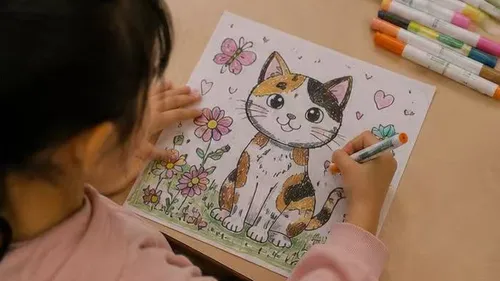 Child coloring a cat illustration with markers.