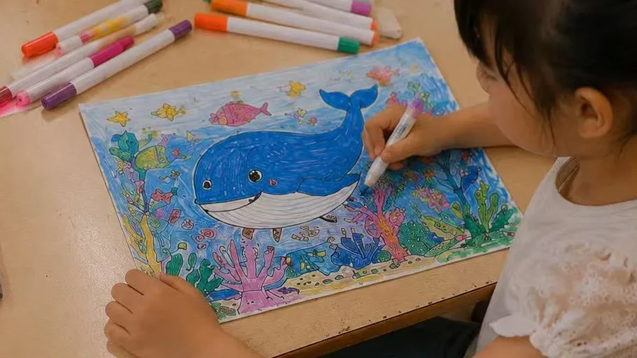 Child coloring whale drawing with markers.