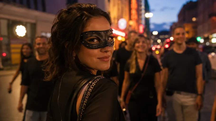 Frau trägt Maske, abendliche Stadtstraße.